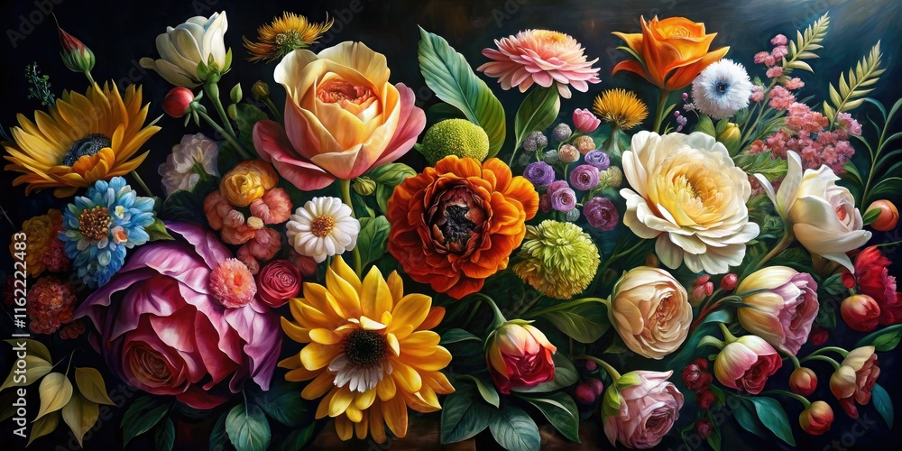 Large canvas, black background floral painting. AI-generated botanical artwork, dramatic flower still life. Large canvas, black background floral painting. AI-generated botanical artwork, dramatic flower still life.
