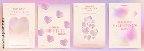Valentines Love Aesthetics. Set of Valentine’s Day posters with holographic gradient hearts, romantic pastel tones, and modern minimalist typography for celebrations, branding, wedding and promotion.