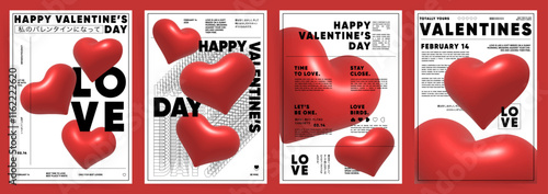 A4 Posters with 3d red hearts. Valentine’s Day Cards templates with bold typography, red 3D hearts, and minimalist black and white layouts for stylish celebrations of valentine, wedding and birthday.