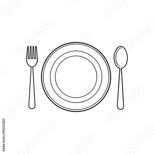 Fork, spoon, knife and plate. Menu symbol black vector on white background silhouette.