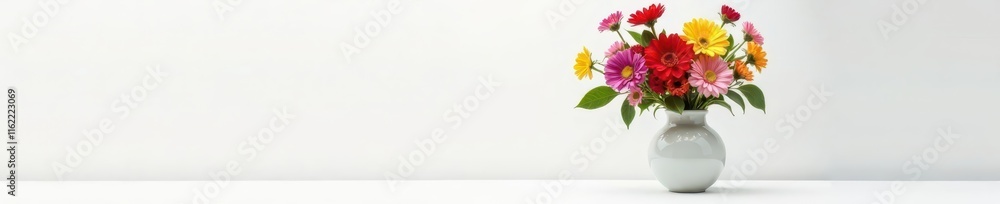 Colorful flowers fill a sleek and elegant vase on a crisp white background, home decor, interior design, bouquet Colorful flowers fill a sleek and elegant vase on a crisp white background, home decor, interior design, bouquet