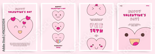 Cute Valentine’s Day poster templates with cartoon style heart characters, playful typography, and pastel colors for romantic celebrations, baby birthday and seasonal promotions.