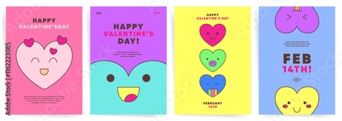 Playful Valentines Day poster templates with colorful heart characters and cheerful designs. Perfect for kids events, greeting cards, and festive decor.
