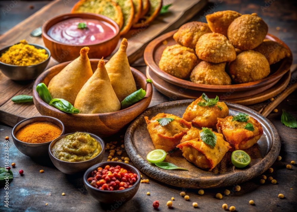 Delicious Indian Street Food: Samosas, Kachoris, Vada, Pakoras - Stock Photo Delicious Indian Street Food: Samosas, Kachoris, Vada, Pakoras - Stock Photo