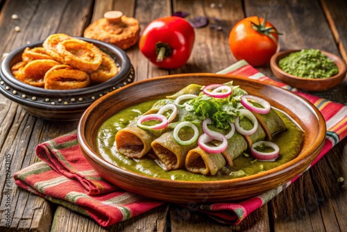 Wallpaper Mural Delicious Green Mole Enchiladas with Onion Rings in Clay Dish - Authentic Mexican Food Torontodigital.ca