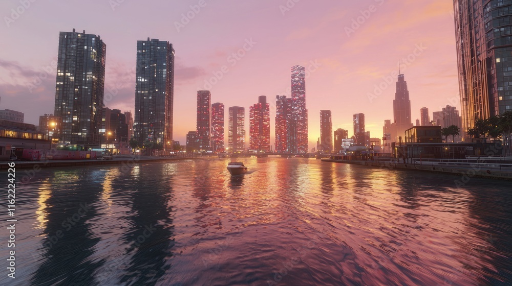 Fototapeta premium Sunset over a city skyline reflecting in water.
