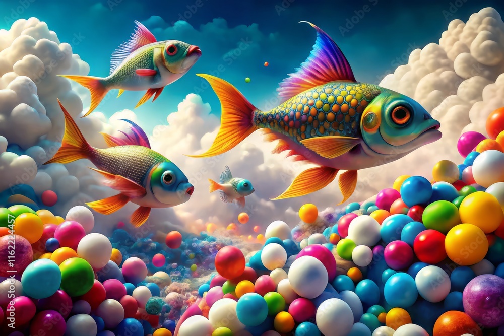 Surreal Flying Fish Abundance: Lollipop Clouds & Colorful Fish Games - Eye Level Shot Surreal Flying Fish Abundance: Lollipop Clouds & Colorful Fish Games - Eye Level Shot