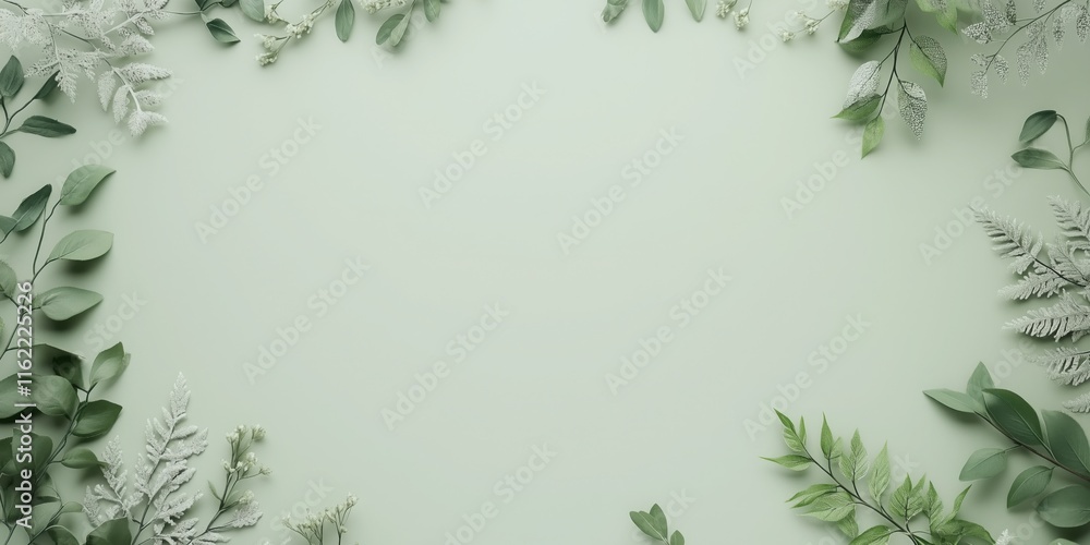 Naklejka premium Green Greenery Frame: A delicate and calming frame of green leaves and sprigs on a soft green background, ideal for showcasing your product or message.