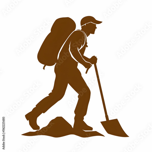 Silhouette of a hiker with a backpack and shovel walking uphill.
