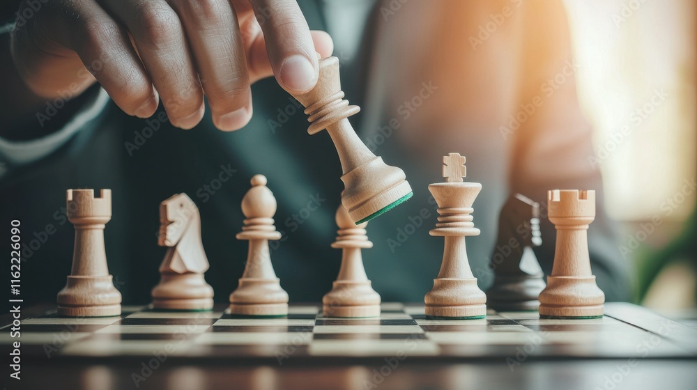 A hand moves a chess piece on a wooden board, symbolizing strategy and competition. leadership concept A hand moves a chess piece on a wooden board, symbolizing strategy and competition. leadership concept