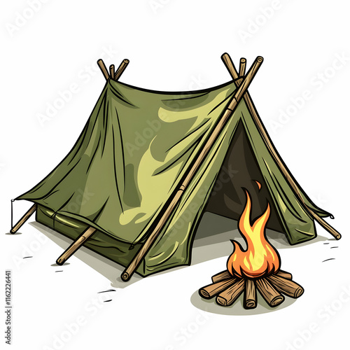A cartoon illustration of a green camping tent with a campfire in front.