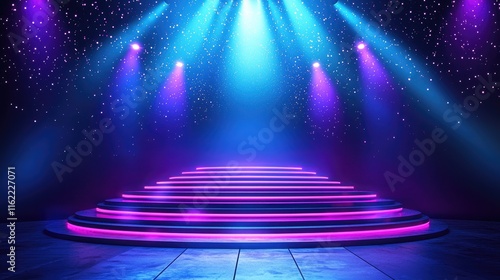 Neon Stage with Circular Steps Under Spotlight