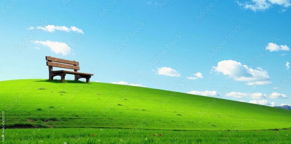 Green hillside with blue sky and wooden park bench, sky, park Green hillside with blue sky and wooden park bench, sky, park