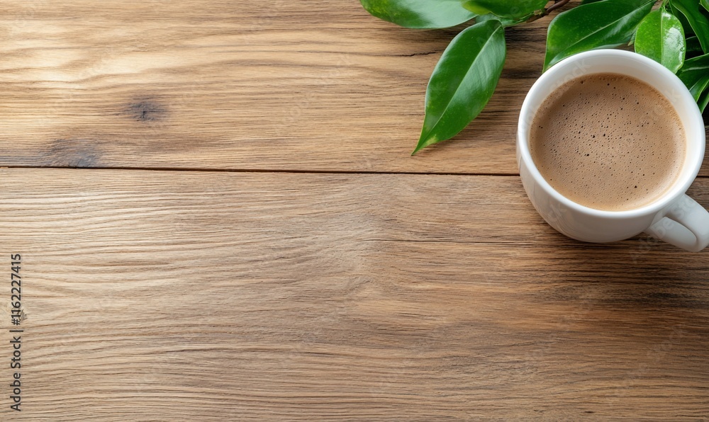 A cup of coffee on a wooden surface with green leaves nearby. A cup of coffee on a wooden surface with green leaves nearby.