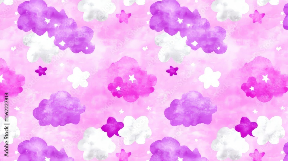 Watercolor Purple Clouds and Stars Seamless Pattern Watercolor Purple Clouds and Stars Seamless Pattern