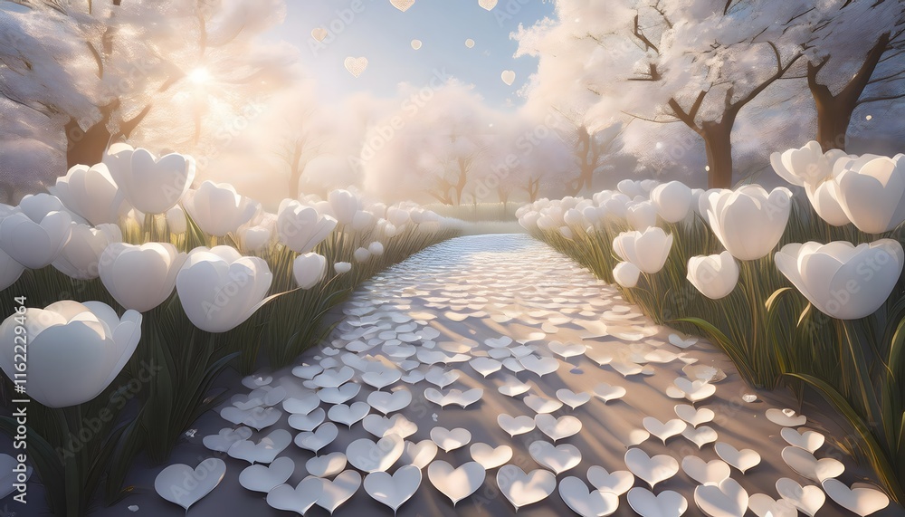 Fototapeta premium Serene White Tulip Path Heart Petals Dreamy Landscape