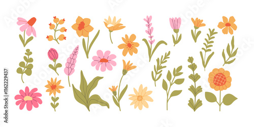 Set of spring hand drawn flowers. Collection of floral flowers, leaves, berries. Isolated elements for greeting cards, Easter cards