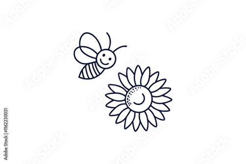 a buzzing bee flying around sunflower line art vector illustration