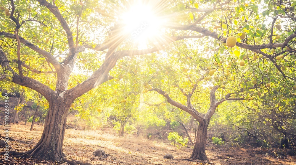 Fototapeta premium Sunlit Grove Of Lemon Trees Bearing Fruit