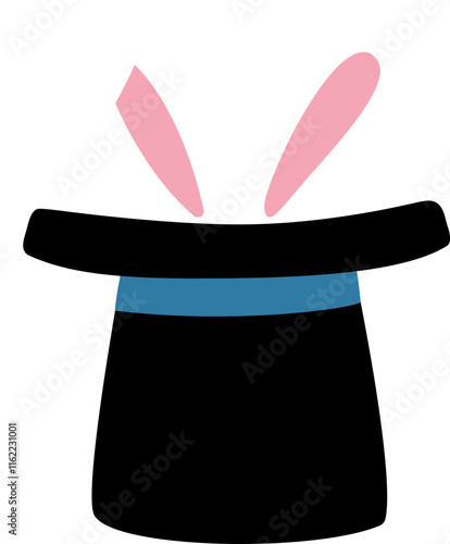 Bunny in magic hat vector. 
Black magician hat with Rabbit ears flat illustration.
concept with hat and rabbit trick.
Transparent background.