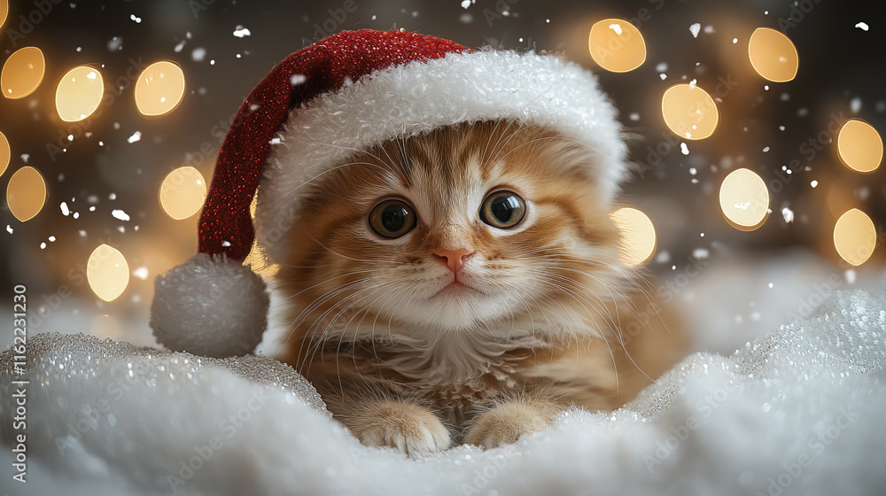 Fluffy ginger kitten wearing Santa hat, surrounded by festive lights Fluffy ginger kitten wearing Santa hat, surrounded by festive lights