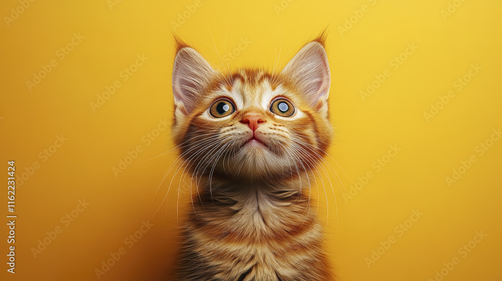 Fototapeta premium Fluffy orange kitten gazing upward with curiosity against yellow background