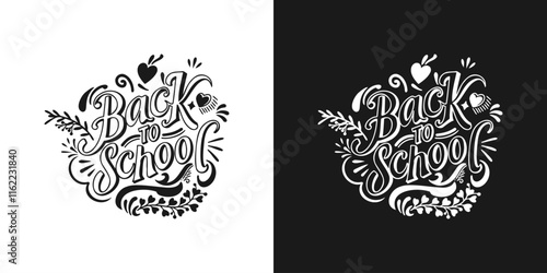 Creative back to school illustration featuring hand-drawn typography on contrasting black and white backgrounds