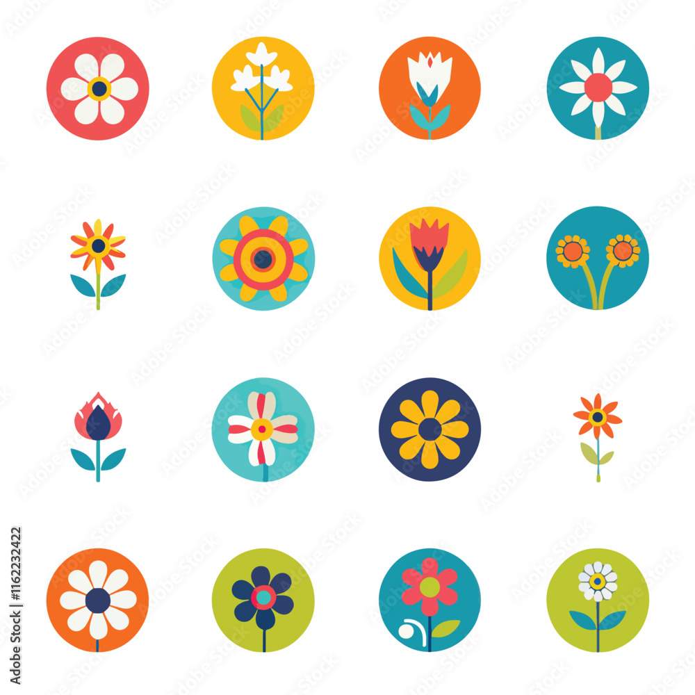 set of simple flat flower icons in bright colors set of simple flat flower icons in bright colors