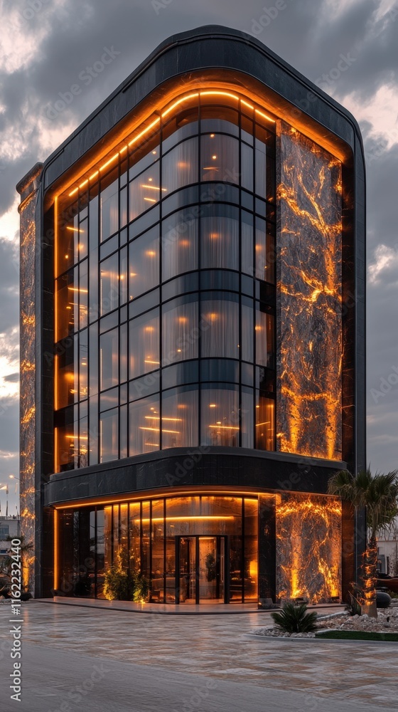 Modern glass building with warm lighting at dusk. Modern glass building with warm lighting at dusk.