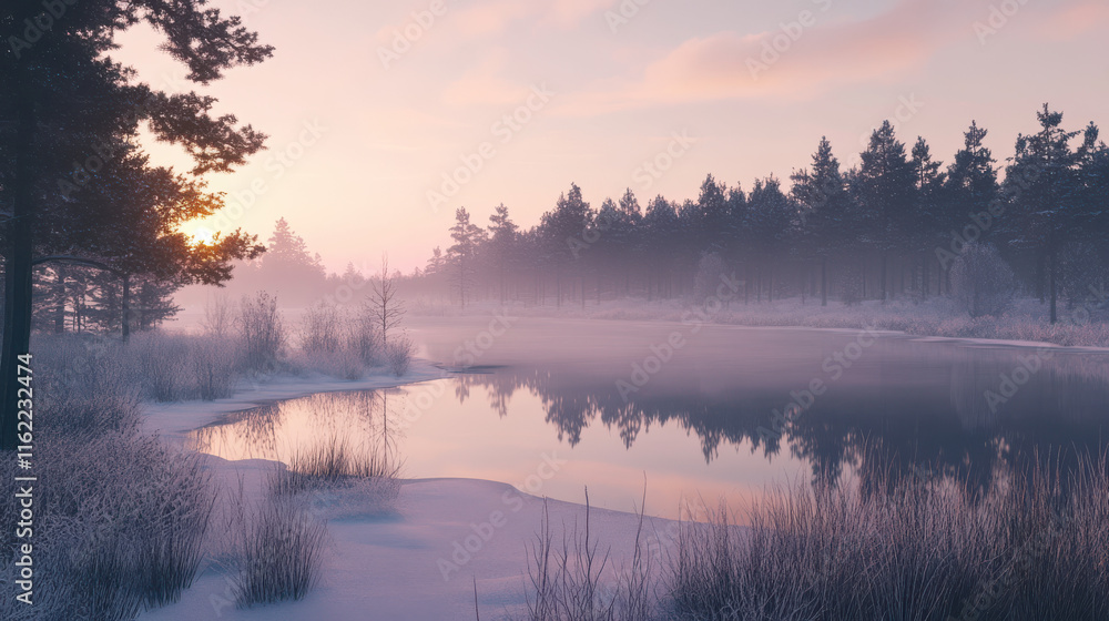 Fototapeta premium A serene winter landscape with a frozen lake, reflecting snow-covered pine trees under a pale pink sunrise, soft morning mist drifting across the lake