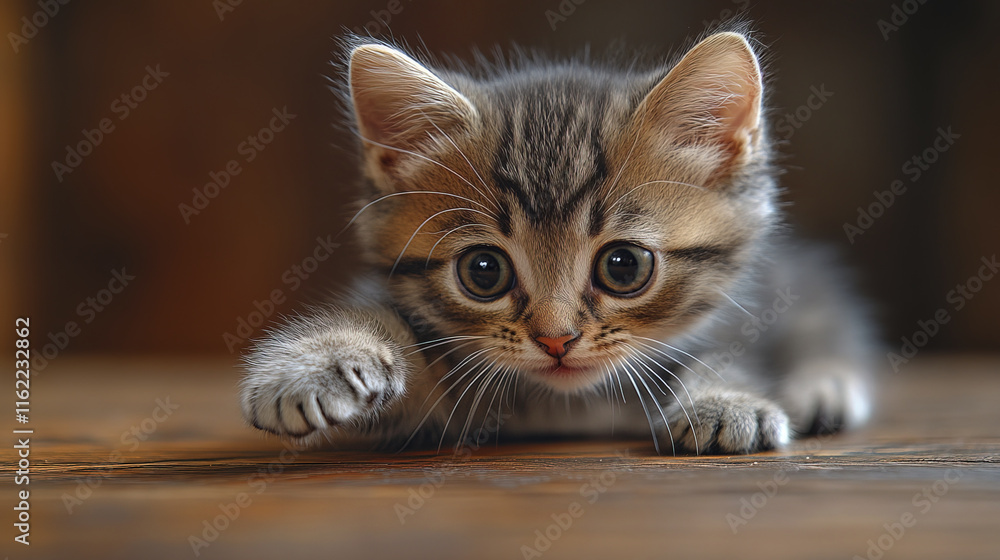 Playful gray kitten with small paws reaching out on wooden surface Playful gray kitten with small paws reaching out on wooden surface