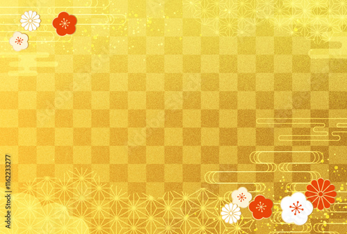 2026年 お正月・新年・年賀状　和柄　市松模様の背景 金色