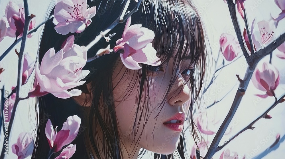 Fototapeta premium Portrait of a woman among blooming flowers.