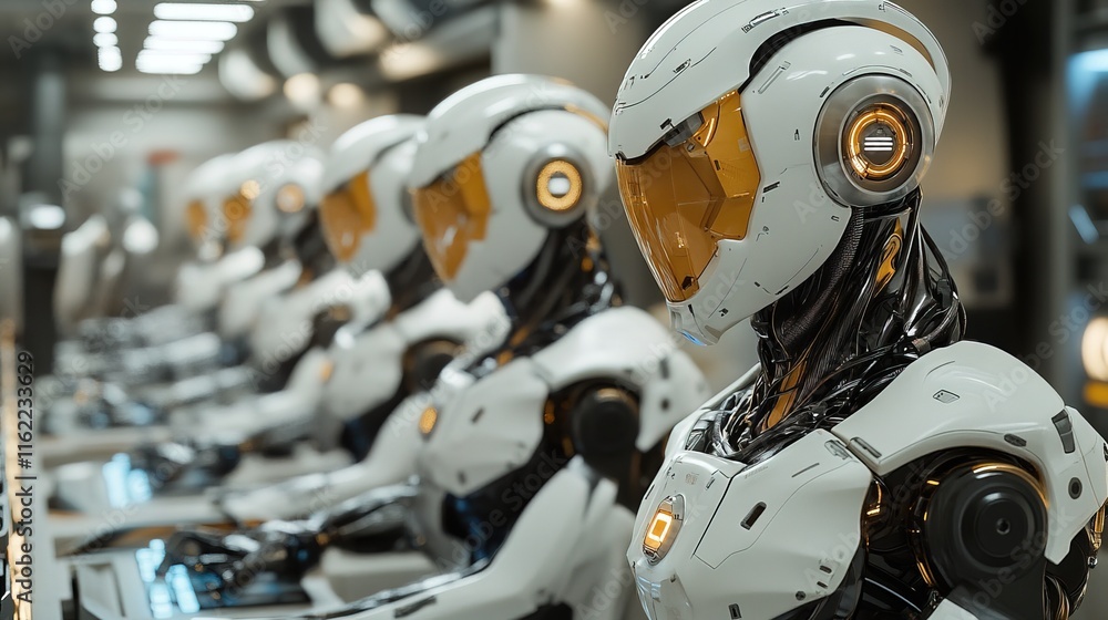 Fototapeta premium A team of advanced robots working in a factory with high-tech equipment, sleek futuristic design