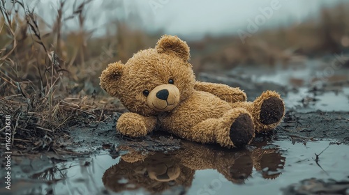 Lost Teddy Bear in a Puddle