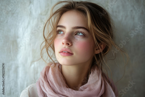 A young woman with rosy cheeks and light brown hair looks thoughtfully upward, wearing a pale pink scarf. photo