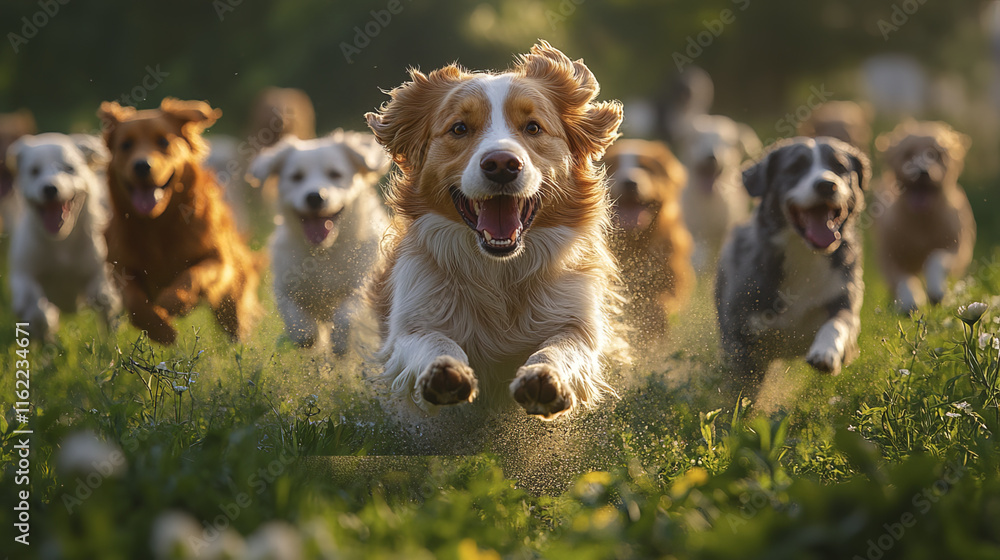 lively pack of dogs running joyfully in green field, showcasing their energy lively pack of dogs running joyfully in green field, showcasing their energy