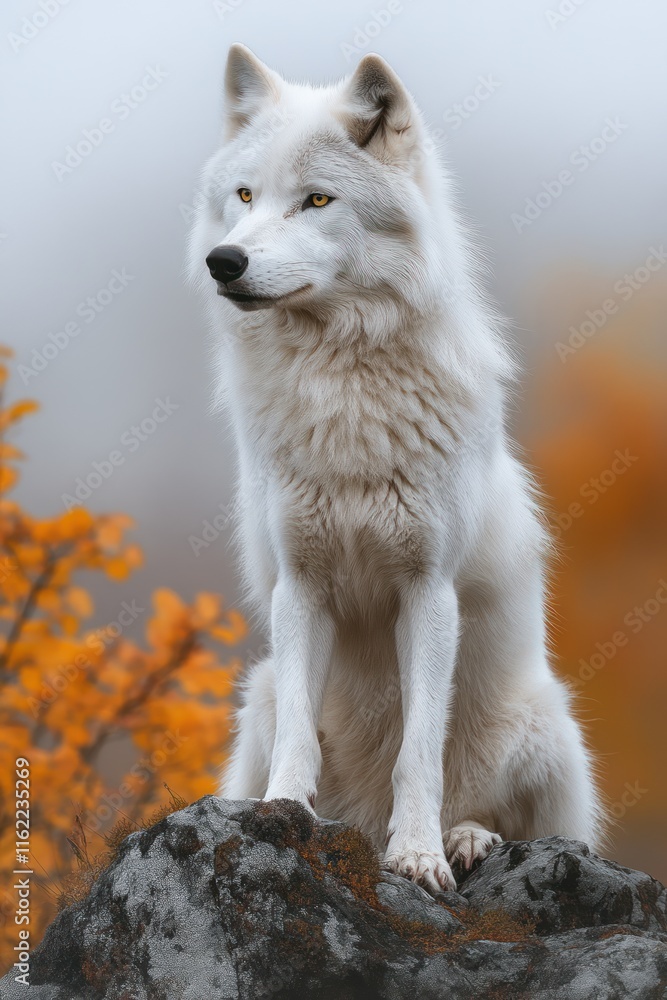 Majestic white arctic wolf sits on a rock against a blurred autumnal background. Majestic white arctic wolf sits on a rock against a blurred autumnal background.