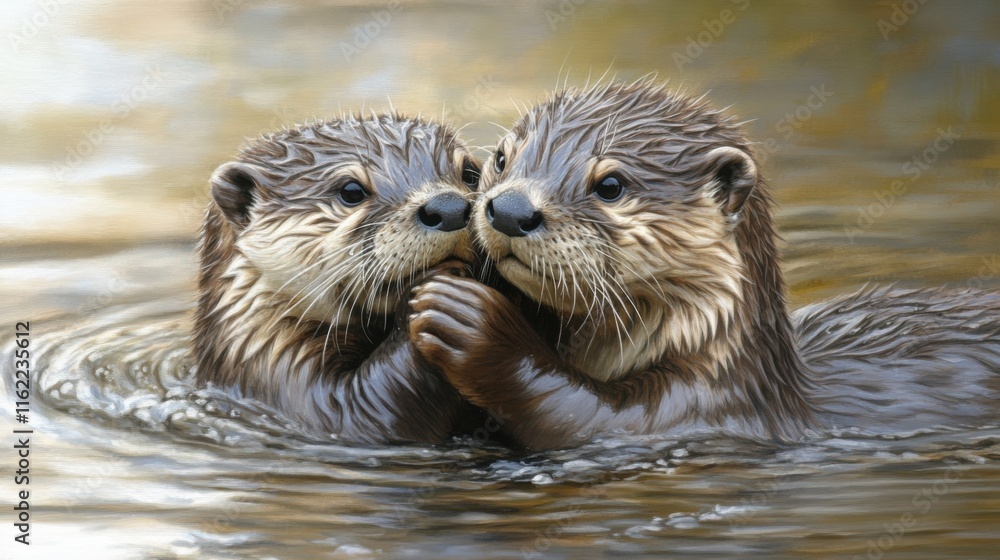Otters Floating Calmly with Soft Natural Light Otters Floating Calmly with Soft Natural Light
