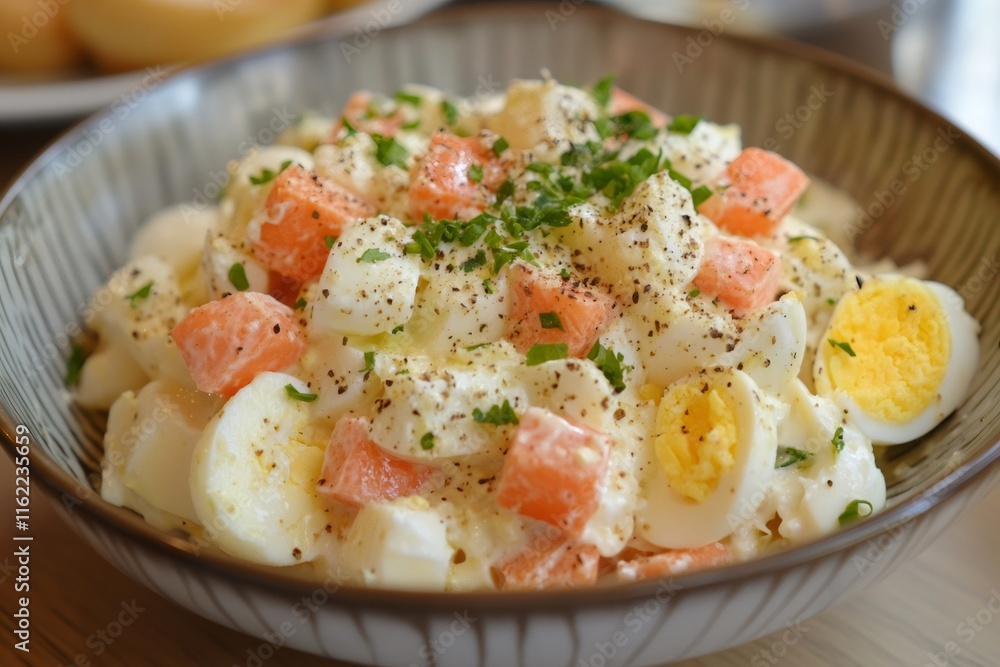 Fresh egg salad with carrots and parsley seasoning in bowl Fresh egg salad with carrots and parsley seasoning in bowl