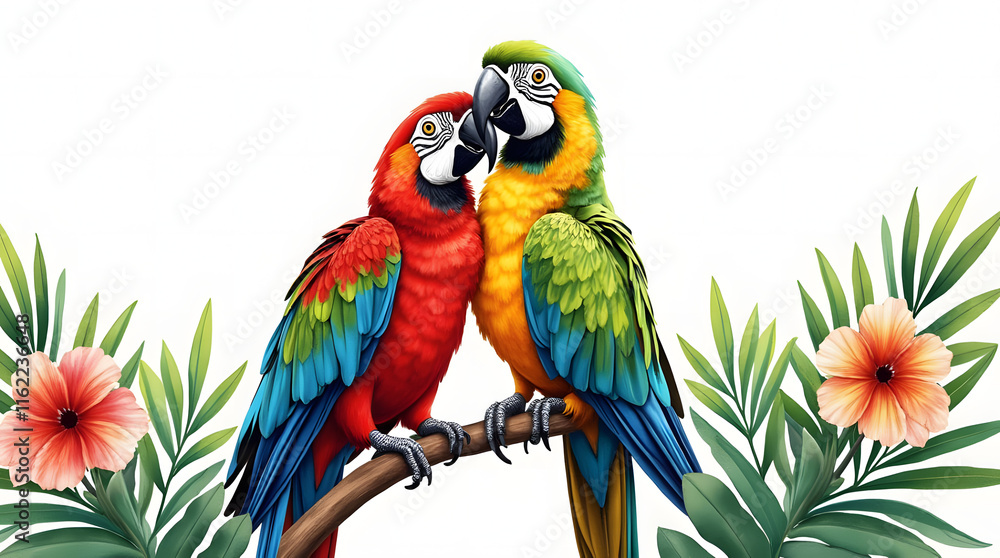 Obraz premium Two vibrant Harlequin Macaws perched on a branch amidst lush tropical leaves and colorful flowers. A watercolor illustration featuring exotic flora, perfect for design, prints, or backgrounds.