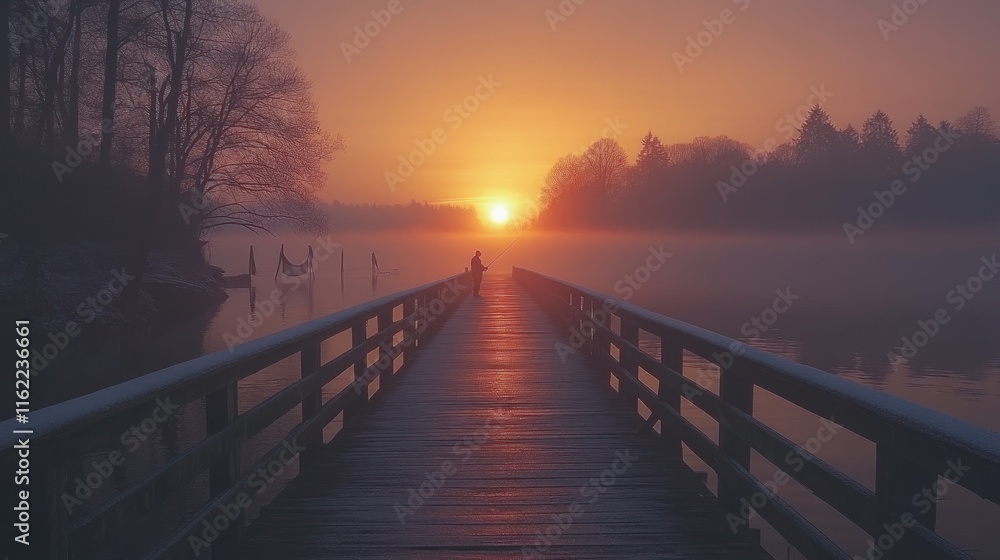 Fototapeta premium A serene sunrise over a misty lake, viewed from a wooden pier.