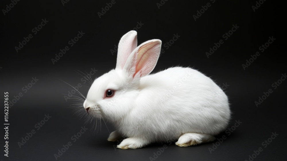 Adorable white rabbit on a black background in a studio setting, highlighting soft fur details and a minimalist contrast for elegant animal portraits and creative digital art concepts