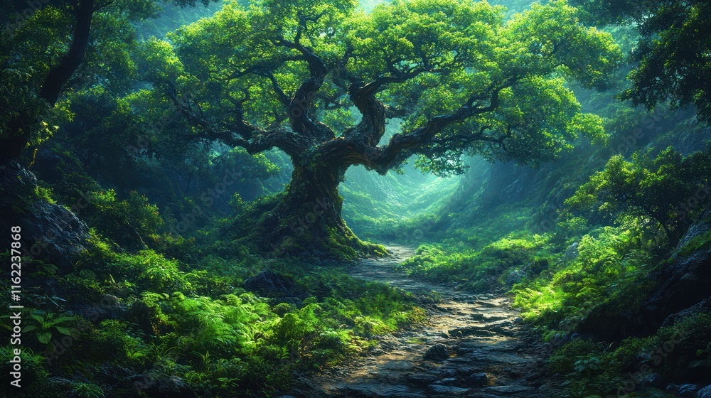 Majestic ancient tree in lush green forest, sunlight path. Majestic ancient tree in lush green forest, sunlight path.