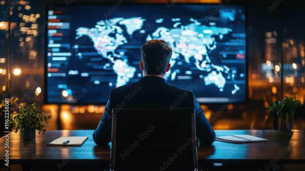 Businessman analyzing global data on a large screen at night. leadership concept
