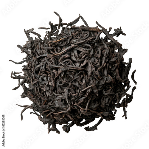 A pile of large dry black tea leaves top view isolated on transparent background