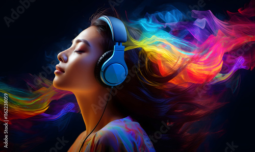 Asian woman wearing headphones. Listening to music with an exploding colorful glow representing a musical experience.