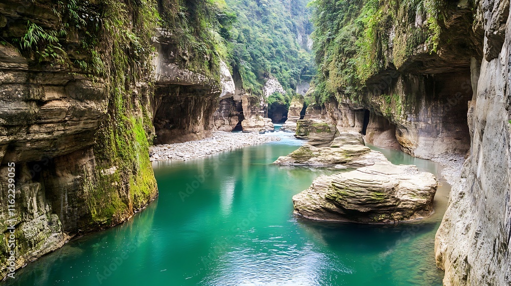 Naklejka premium Serene Teal River Flows Through A Lush Green Gorge