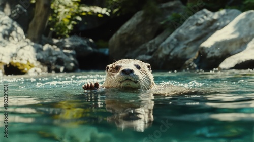Playful Otter Swimming in a Clear Rocky River