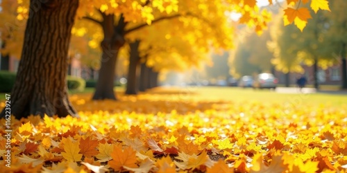 Golden Autumn Leaves Carpeting a Tree-Lined Pathway, bathed in sunlight, creating a serene and picturesque autumnal scene. photo